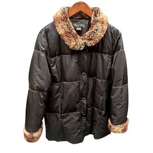Regent Park Black Down Puffer Jacket Faux Fur Collar Cuffs Women's Large Retro